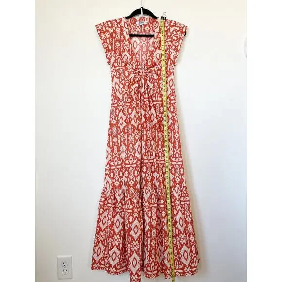Evereve BB Dakota Emersyn Tiered Midi Dress XS Deep V-Neck Batik Cotton Spring - Picture 11 of 16